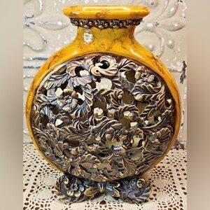 CHRISDON Decorative Vase Round Resin Faux Marble Floral Rare Vintage Yellow